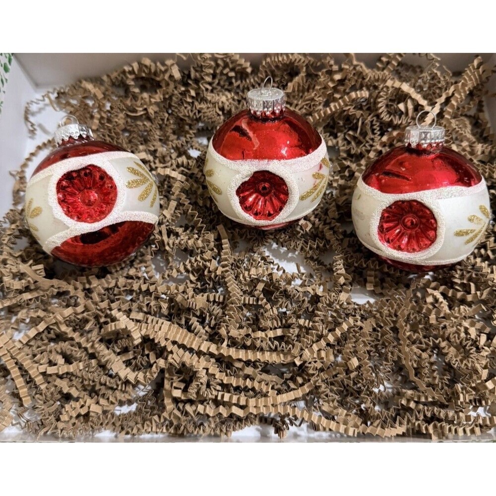 Vtg G&D Reflector Blown Glass Christmas Ornaments 3” Red White & Gold Set Of 3